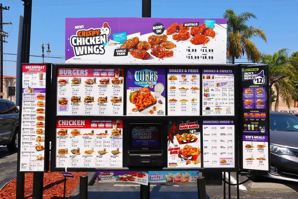 JACK IN THE BOX American Fast Food Restaurant chain, serving chicken fingers, french fries, hamburger, cheeseburger, sandwiches, tacos and egg rolls