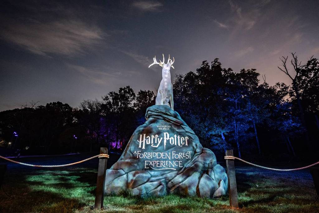 The luminous silver stag at the Harry Potter Forbidden Forest experience