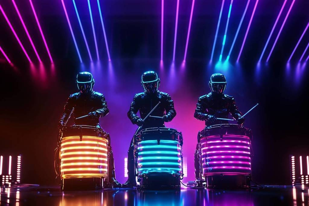 Tres bateristas actúan en un espectáculo de batería en directo 'The Colorbeat Drums'