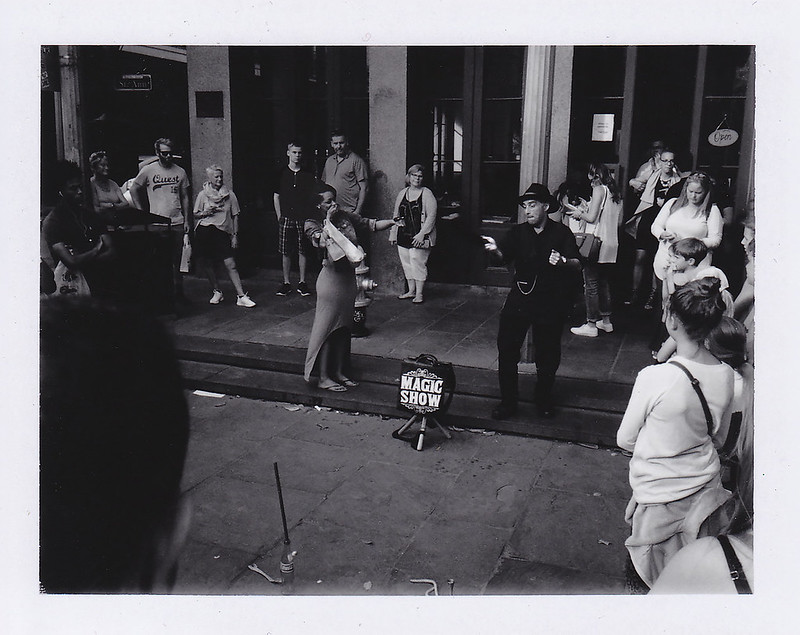 street magic show in black and white