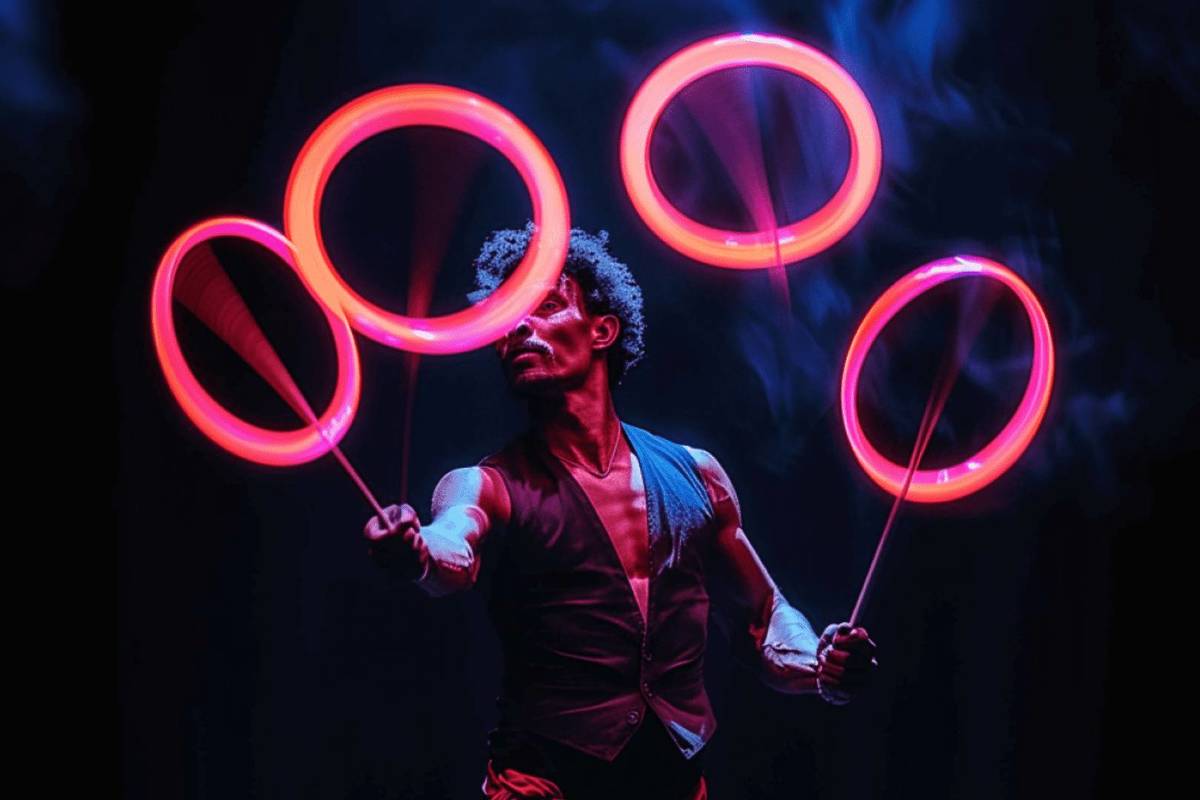 man spins glowing hoops around in air
