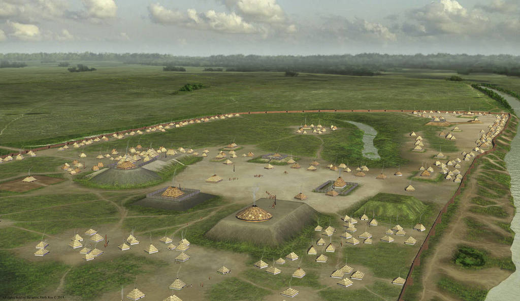 "Kincaid Mounds circa 1300 CE", digital illustration. Artists conception of the late phase of the Kincaid Mounds Site circa 1300 CE. Kincaid is a Middle Mississippian Culture multi-mound archaeological site site located in Massac and Pope Counties, Illinois. All rights held by the artist, Herb Roe © 2019