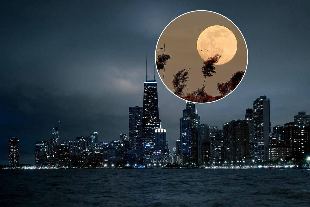 Harvest Moon overlaid with photo of Chicago skyline at night