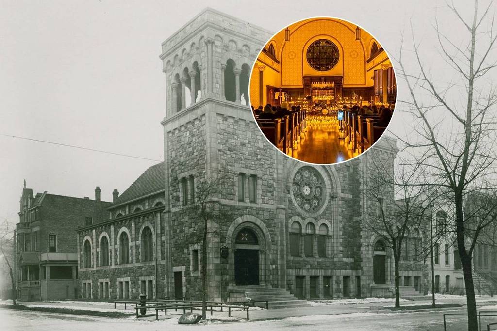 A black and white photo of Wicker Park Lutheran Church with an overlay of a Candlelight concert.