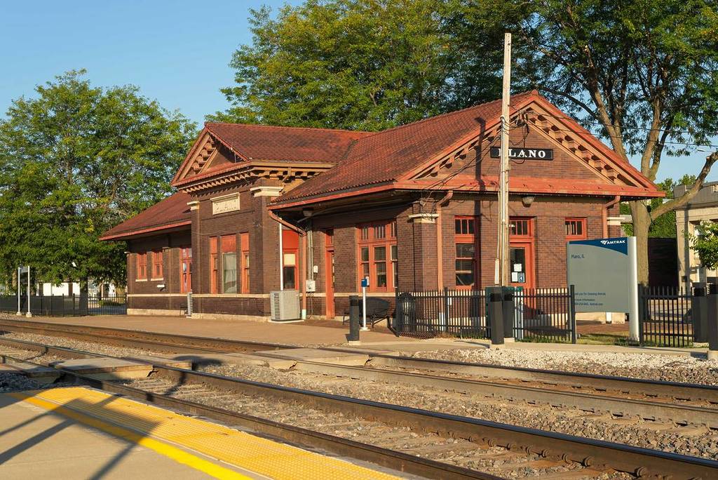 Exterior of the Plano Station, opened in 1913, on a beautiful sunny morning.
