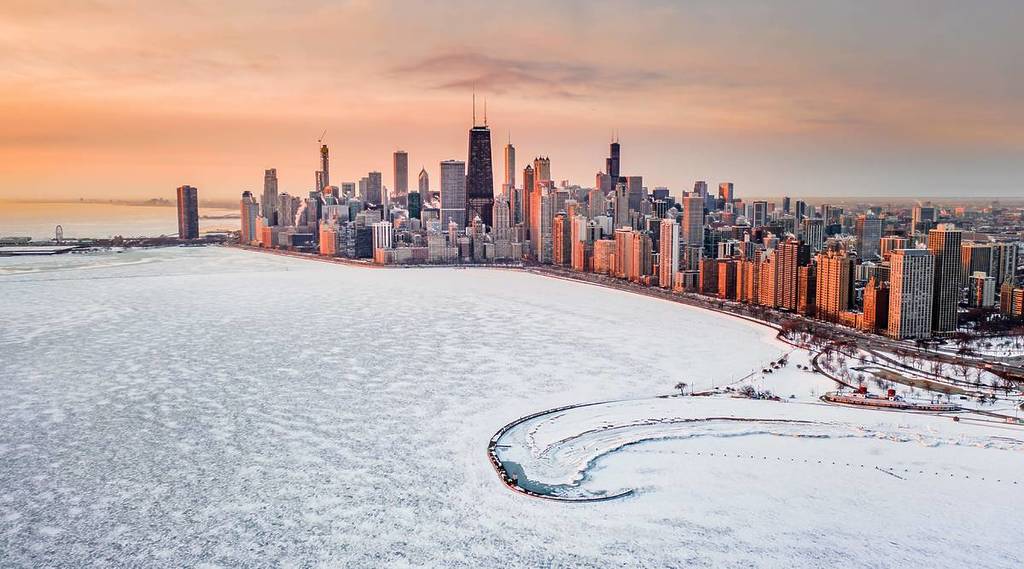 Chicago aerial view Polar Vortex lake Michigan top view