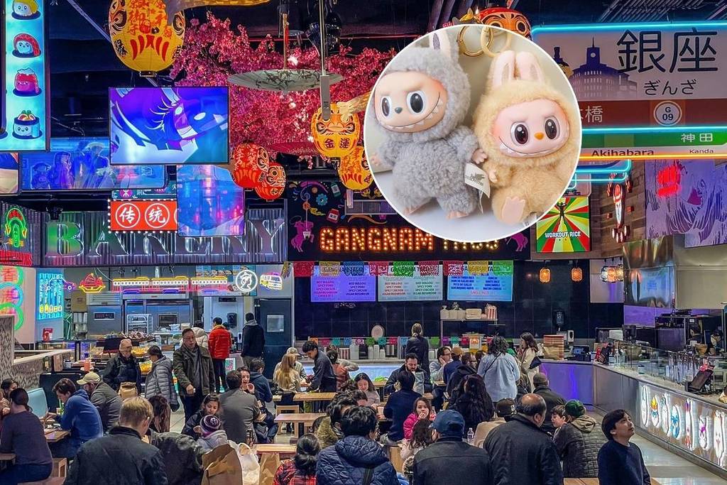 Imagen del mercado de Gangnam con la imagen de Labubus superpuesta