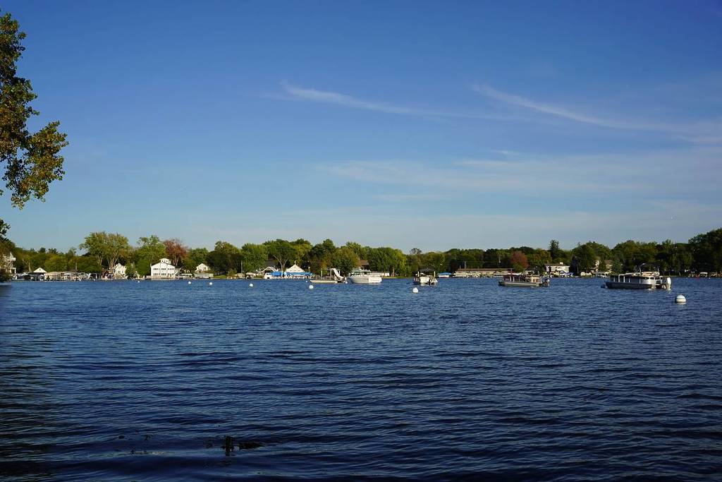 Waterfront harbor and marina on a lake.