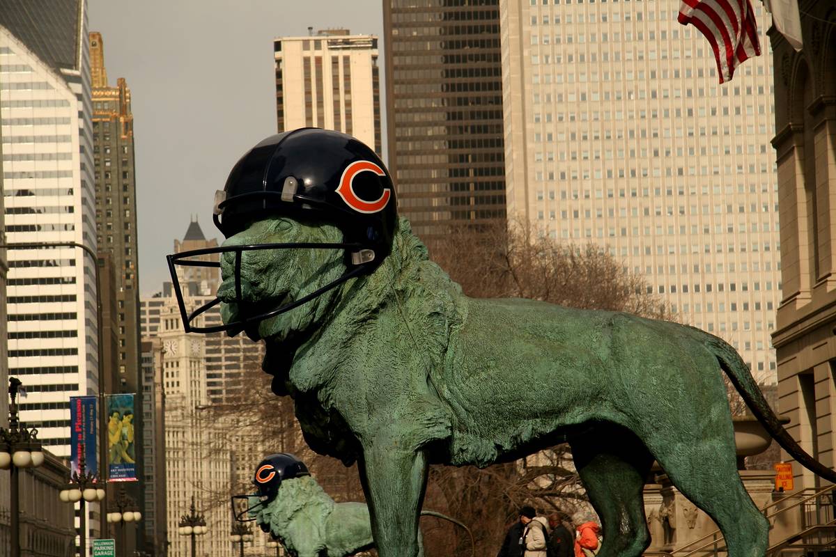 Chicago Bears helmet atop the AIC lion statue in 2007