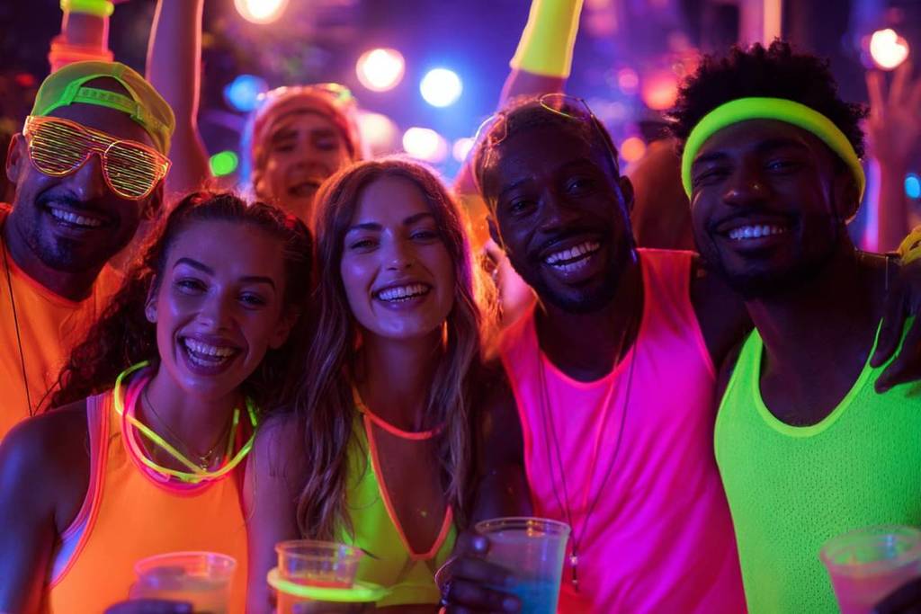 People in neon costumes pose for a photo at Luminous Party Run,