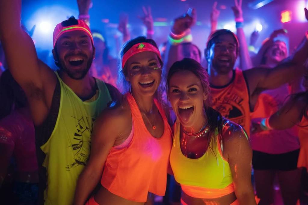 Three people in neon costumes pose for a photo at Luminous Party Run,