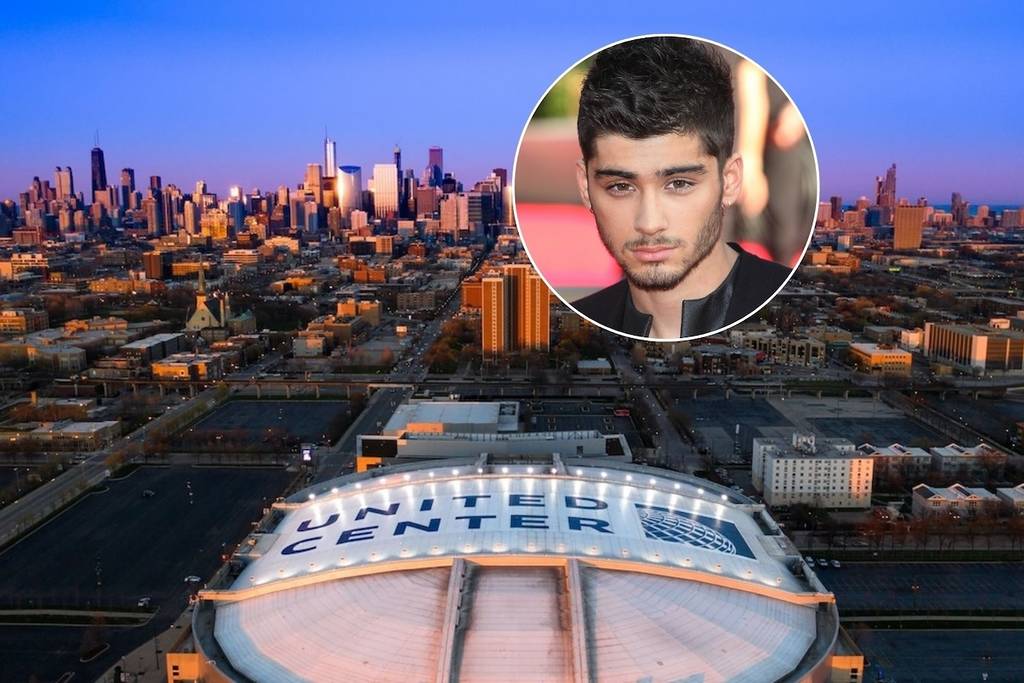 Zayn y el skyline de Chicago con el United Center en primer plano.