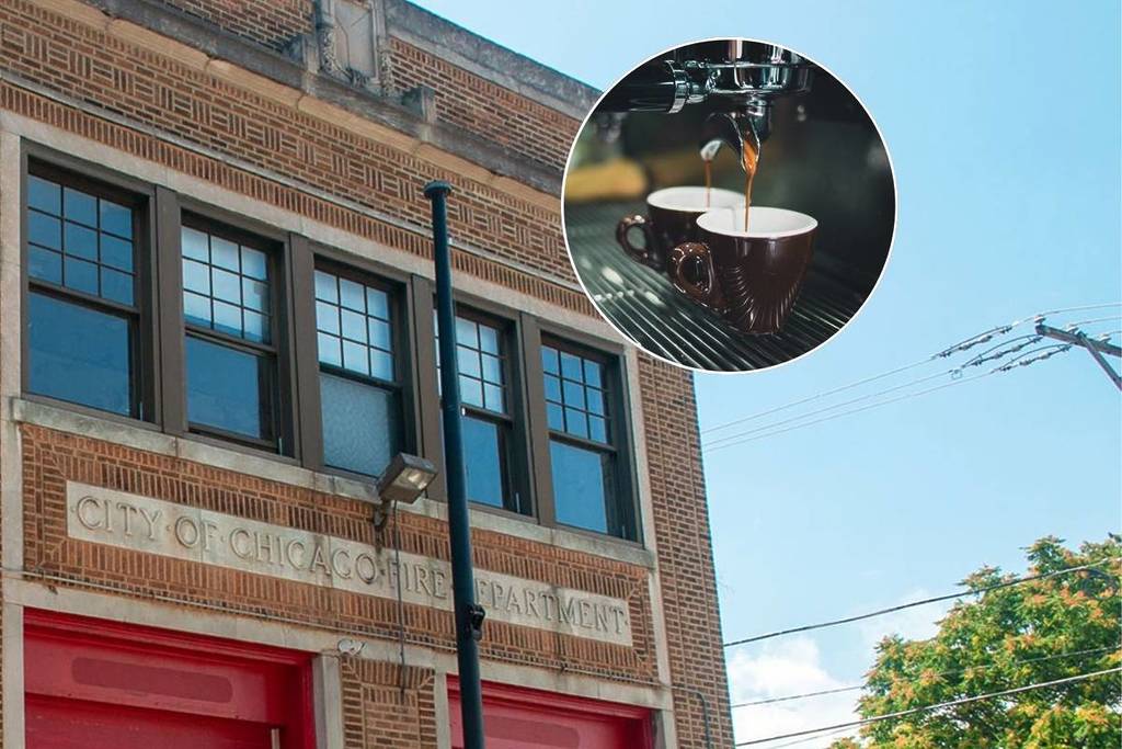 Parada de bomberos de Rogers Park con la imagen de una cafetera espresso