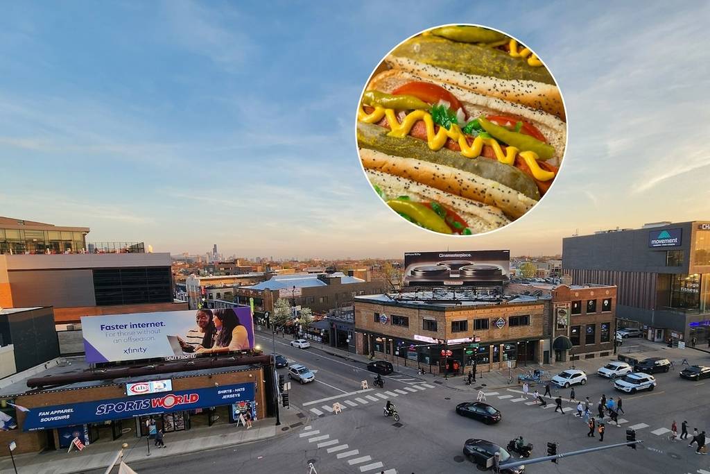 Wrigleyville e imagen de un perrito caliente de Chicago