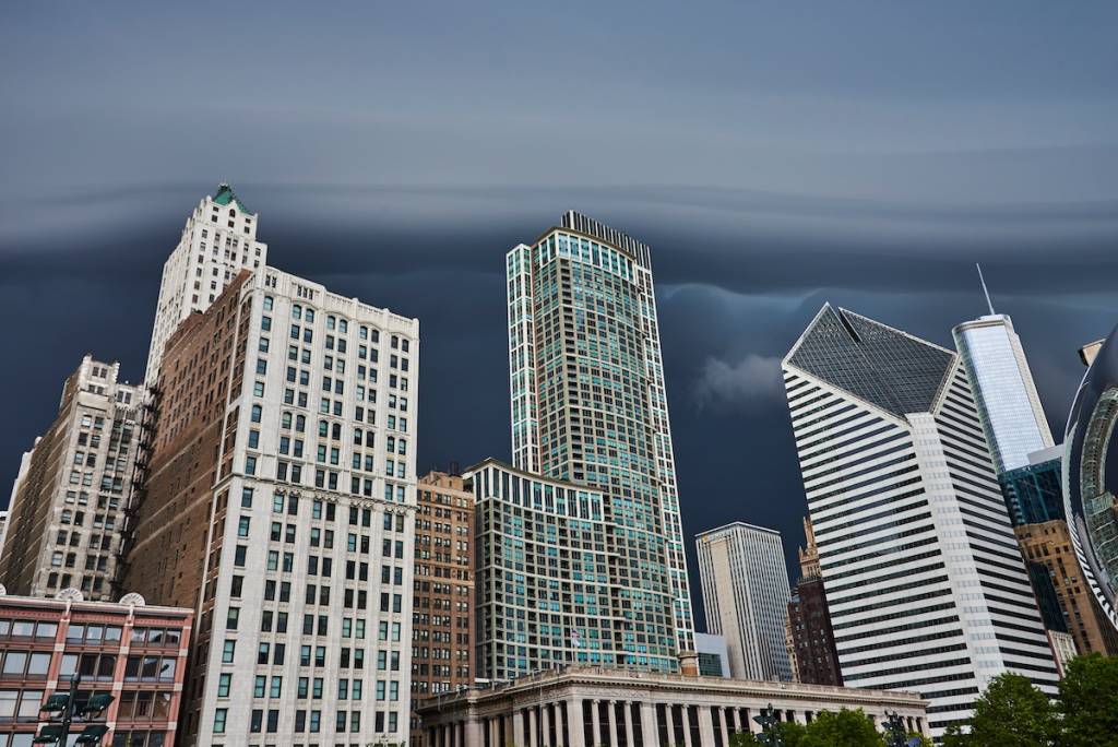 Dramatic storm front clouds gathering over Chicago Skyline