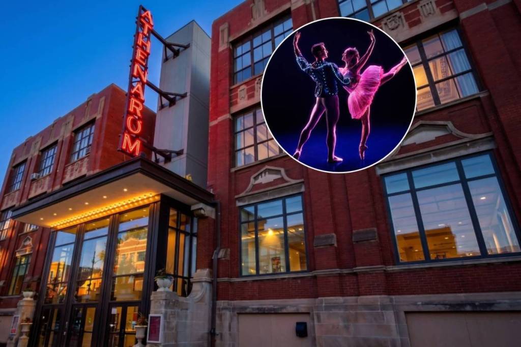 The outside of The Athenaeum Center for Thought & Culture in Chicago plus a ballerina dancing at Ballet of Lights