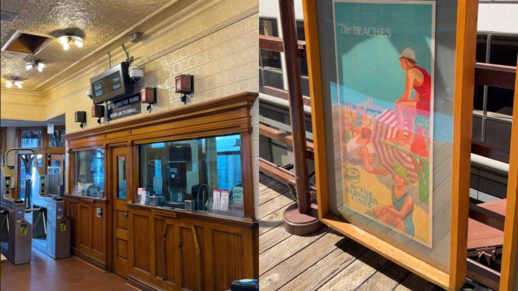 Dentro de la estación del «L» de Chicago, de 120 años de antigüedad, que se restauró a propósito con techos históricos de hojalata, cabinas de madera y ascensores totalmente accesibles