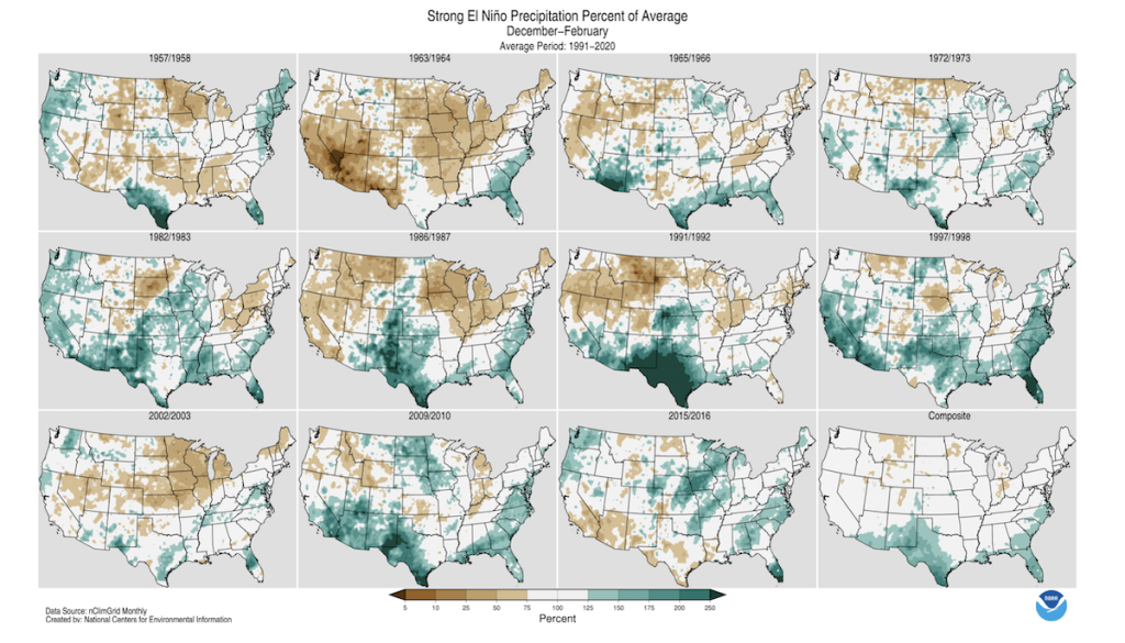 Patrones de precipitaciones de El Niño según la NOAA/NWS