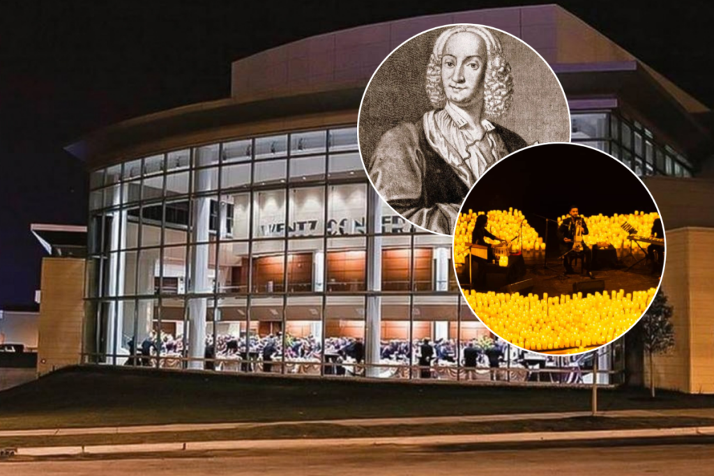 A photo of Wentz Concert Hall overlaid by Vivaldi and Candlelight.