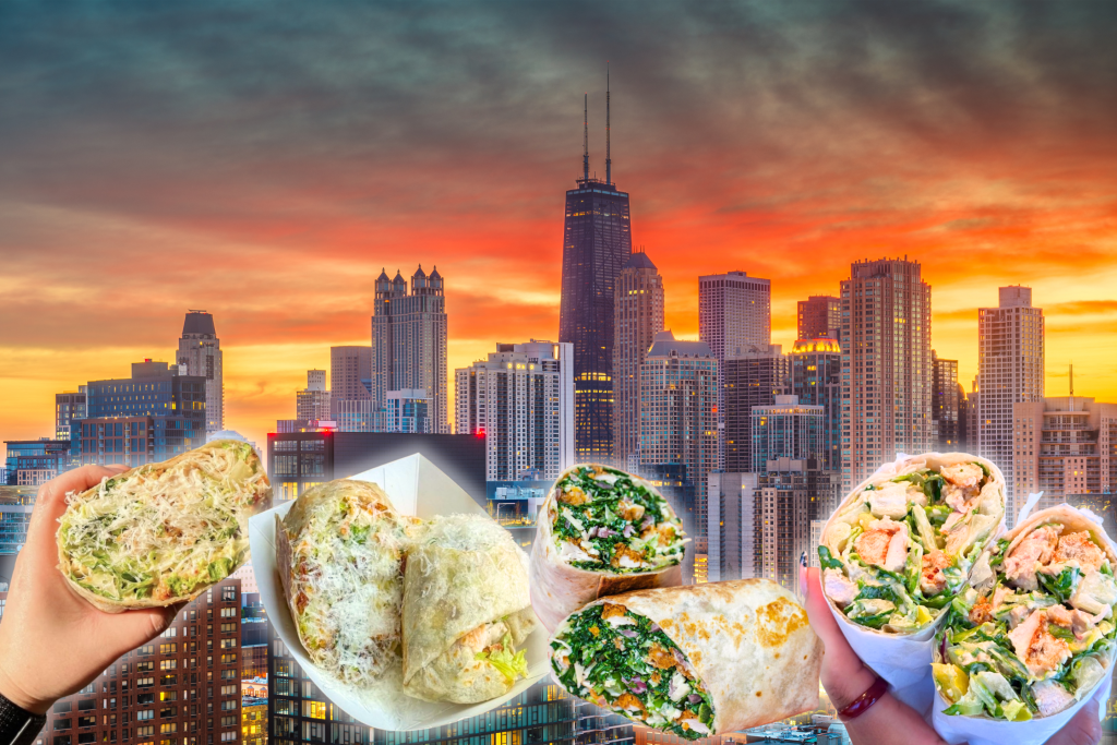 numerous chicken Caesar salad wraps over a Chicago cityscape