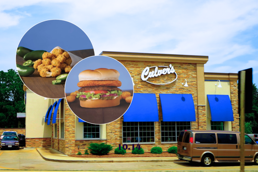 Culver's restaurant exterior with inset photos of Culver's Jalapeño Cheese Curds and a Smoked Cheddar CurderBurger for Curdtoberfest.