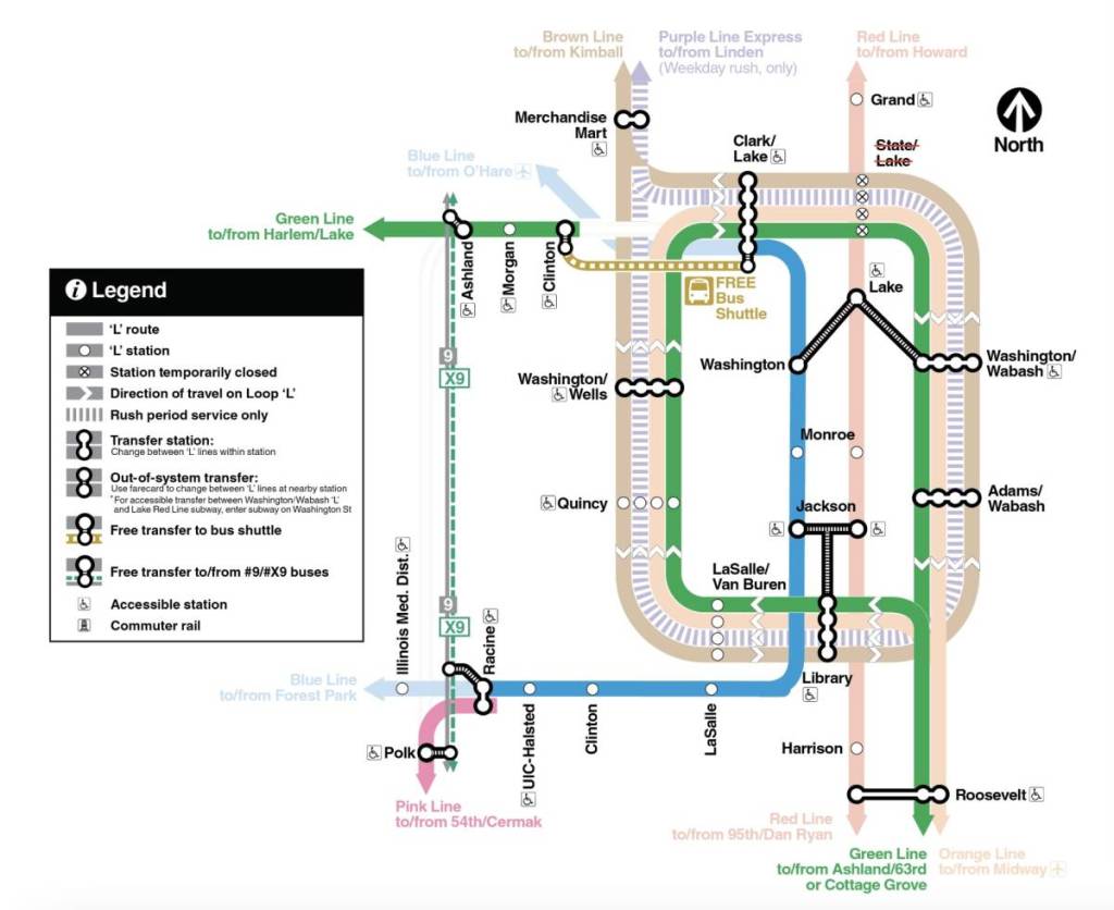 Mapa con los desvíos de las líneas Rosa y Verde