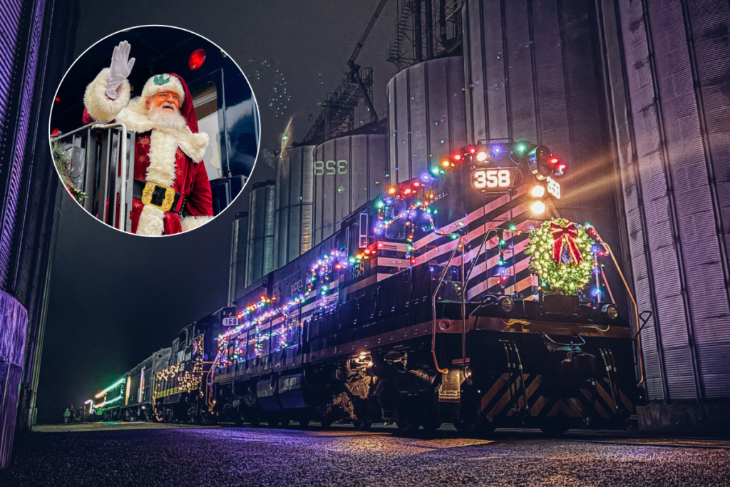 Indiana Christmas Train locomotive decorated with holiday lights and a wreath at night, with an inset of Santa waving