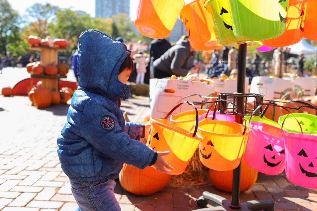 Chicago – October 21, 2018: A little boy is choosing colorful Jack O Lantern bucket for the Halloween celebration during the Fall Festival at the Lincoln Park Zoo