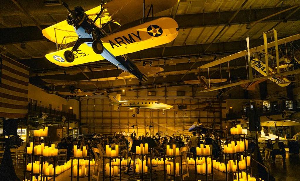 The Frontiers of Flight Museum in Dallas decorated with thousands of candles before a Candlelight concert