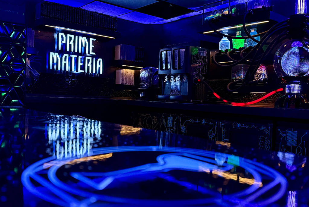 Image shows the spacy interior of Meow Wolf Grapevine's new bar, Prime Materia.