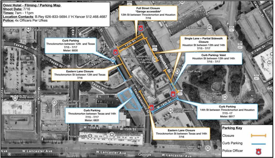 Graphic shows the areas of Fort Worth closed off for the filming of 'Landman' in July 2025.
