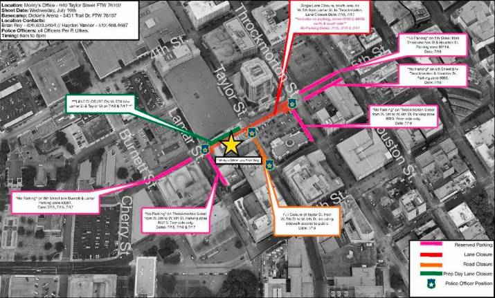 Graphic shows the areas of Fort Worth closed off for the filming of 'Landman' in July 2025.