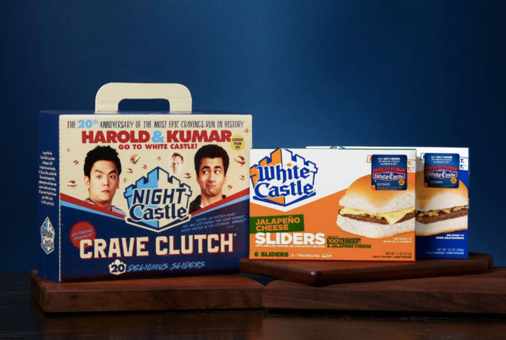 Image shows White Castle branded products in celebration of the 20th anniversary 'Harold and Kumar Go To White Castle".