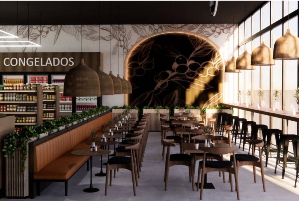 Image shows the dining space at the Latin Unimarket coming to Dallas