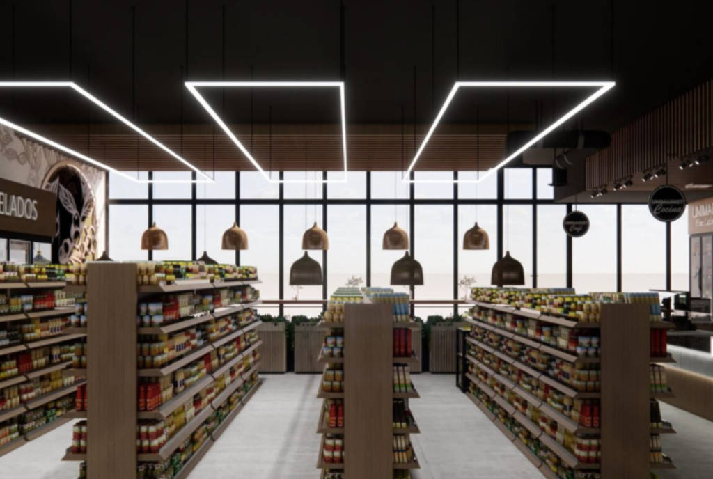 Rendering shows the grocery market at the coming Unimarket in Dallas