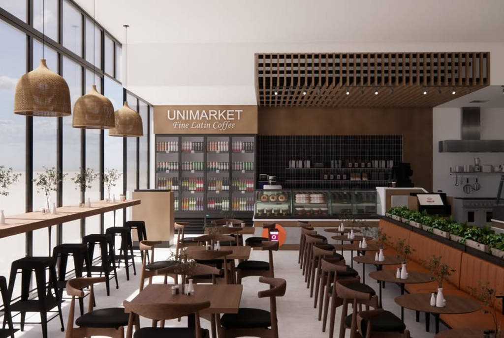 Image shows the dining space at the Latin Unimarket coming to Dallas