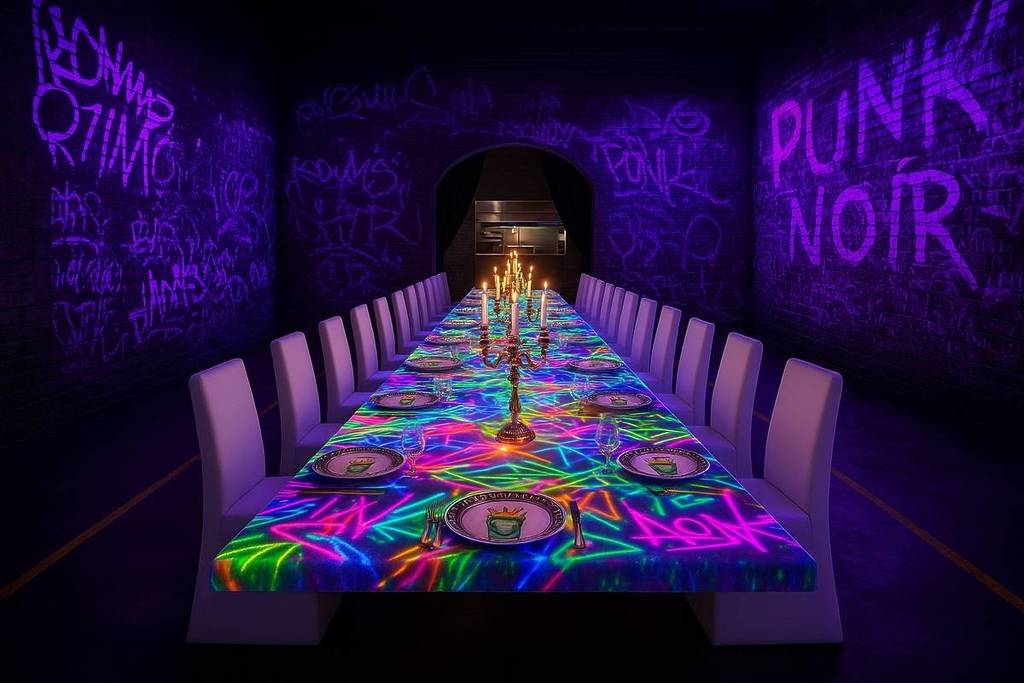 Rendering shows a dining room at Punk Noir with virtual projections.