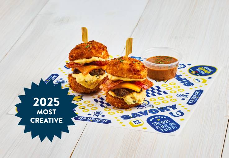 Image shows the Wagyu Bacon Cheeseburger Deviled Egg Sliders Big Tex Award winner of the State Fair of Texas in Dallas.