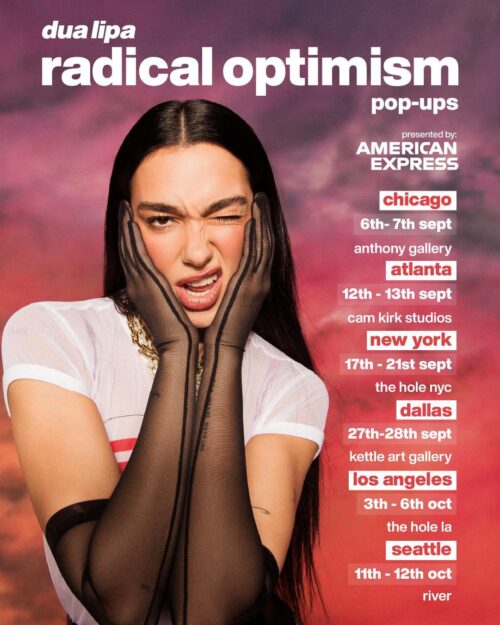 Poster shows details pertaining to Dua Lipa's 'Radical Optimism' pop-up tour dates, including Dallas.