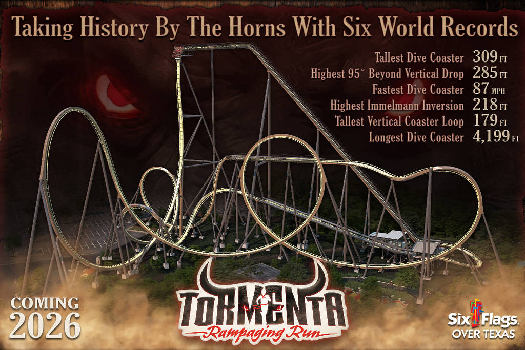 Graphic shows a rendering of the Tormenta Rampaging Run coming to Six Flags Over Texas and the world records it will break prominently displayed.