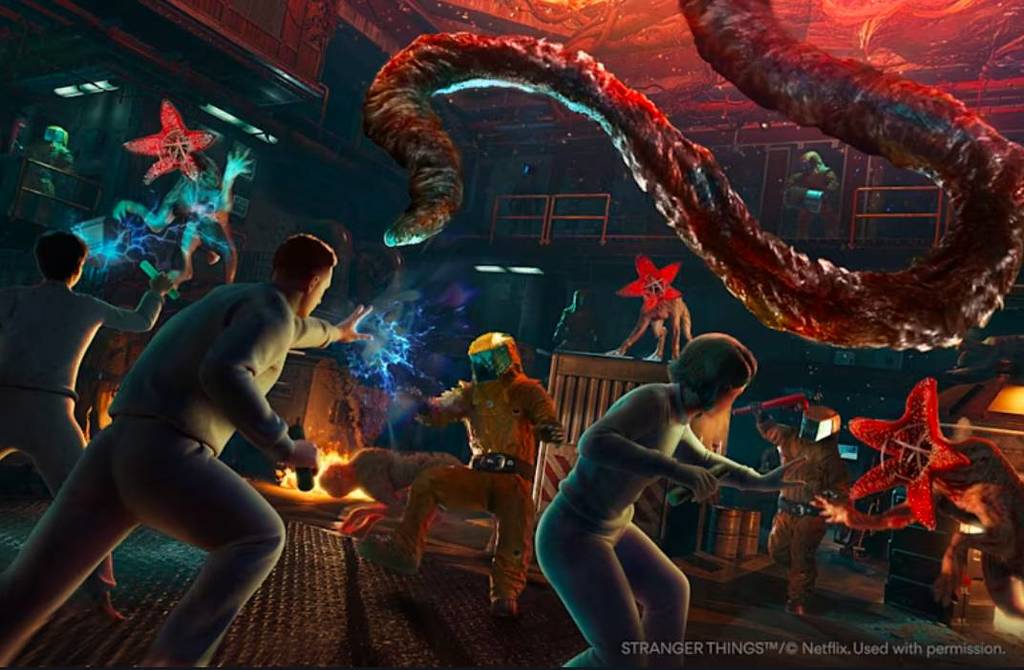 Image shows the Stranger Things: Catalyst experience at Sandbox VR in Dallas that features a VR simulation of battling supernatural creatures.