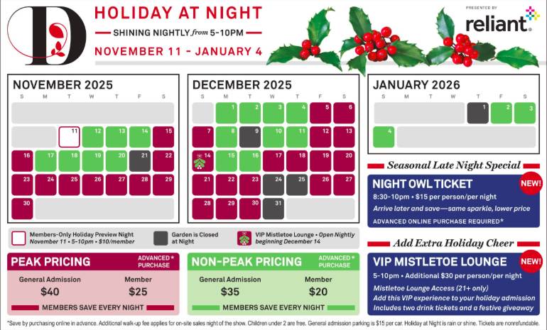 Graphic shows the pricing at Holiday at the Arboretum including peak and non-peak nights as well as information regarding its Mistletoe Lounge.