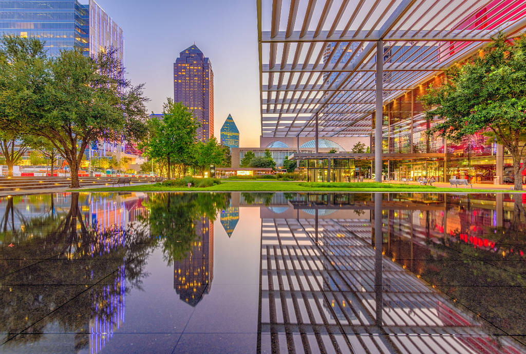 Image shows an awning structure and reflection pool area in Dallas.