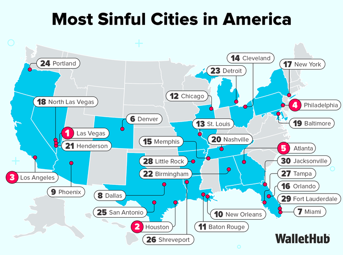 Image shows a graphic of the United States with the cities assigned a ranking by "sinfulness"