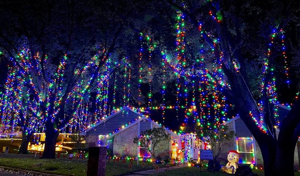 Image shows a home in Interlochen neighborhood of Arlington decorated for the holidays including strands of lights strewn from trees.
