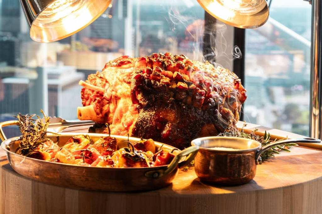 Image shows a carving station at the Crown Block at Reunion Tower in Dallas brunch.