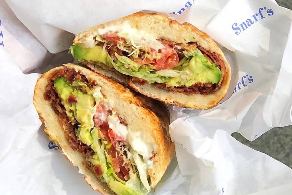 Image shows the Snarf's BLT sandwich wrapped.