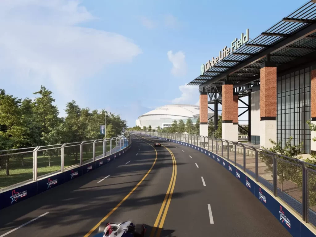 Rendering shows concert for Grand Prix of Arlington with track running by Globe Life Field.