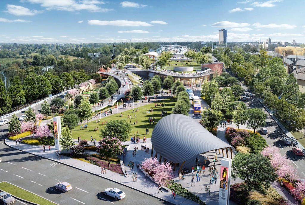 Rendering shows concept for Halperin Park featuring deck park area.