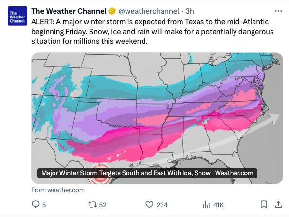 Screenshot shows a winter storm warning posted by the The Weather Channel on X.com
